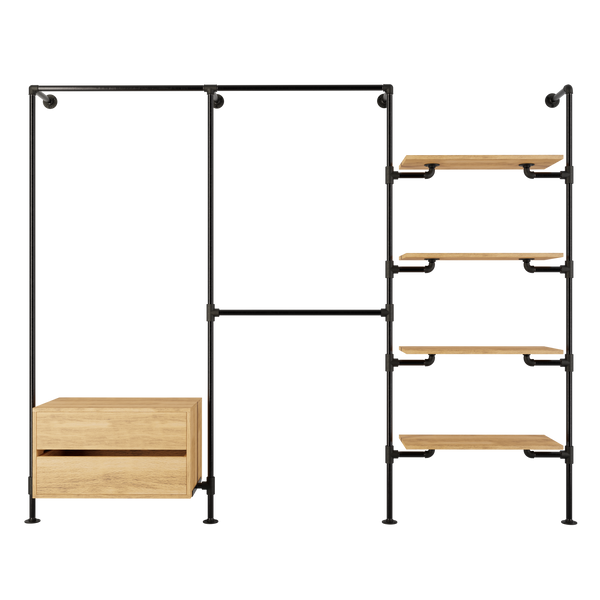 Walk-in garderobe i tre rækker med en kommode, to hæng og fire hylder i mørke vandrør og klassisk egetræ
